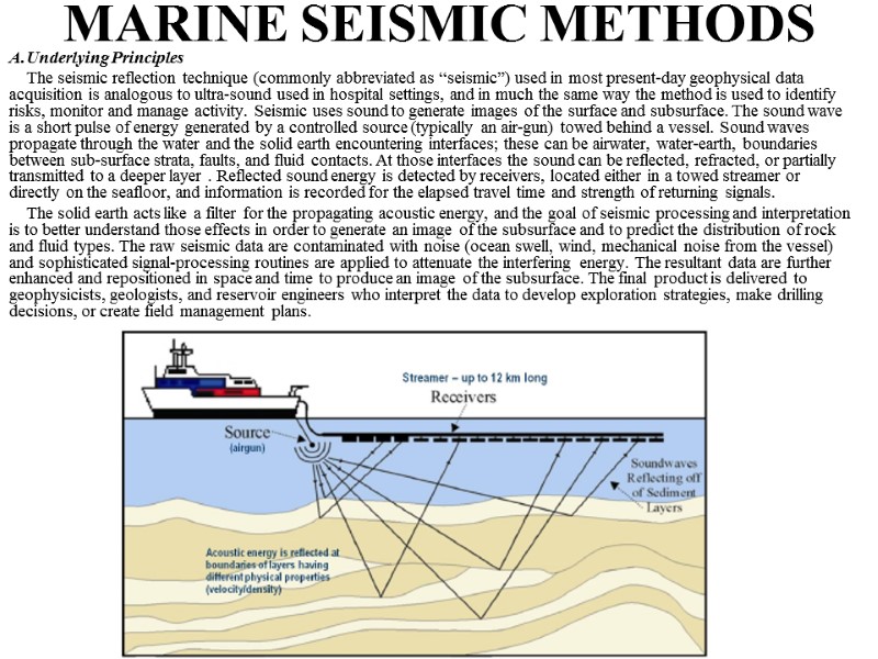 MARINE SEISMIC METHODS Underlying Principles The seismic reflection technique (commonly abbreviated as “seismic”) used